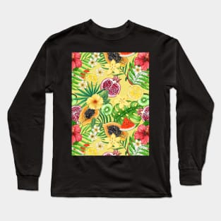 Tropical mix-fruit, flowers and leaves on yellow Long Sleeve T-Shirt